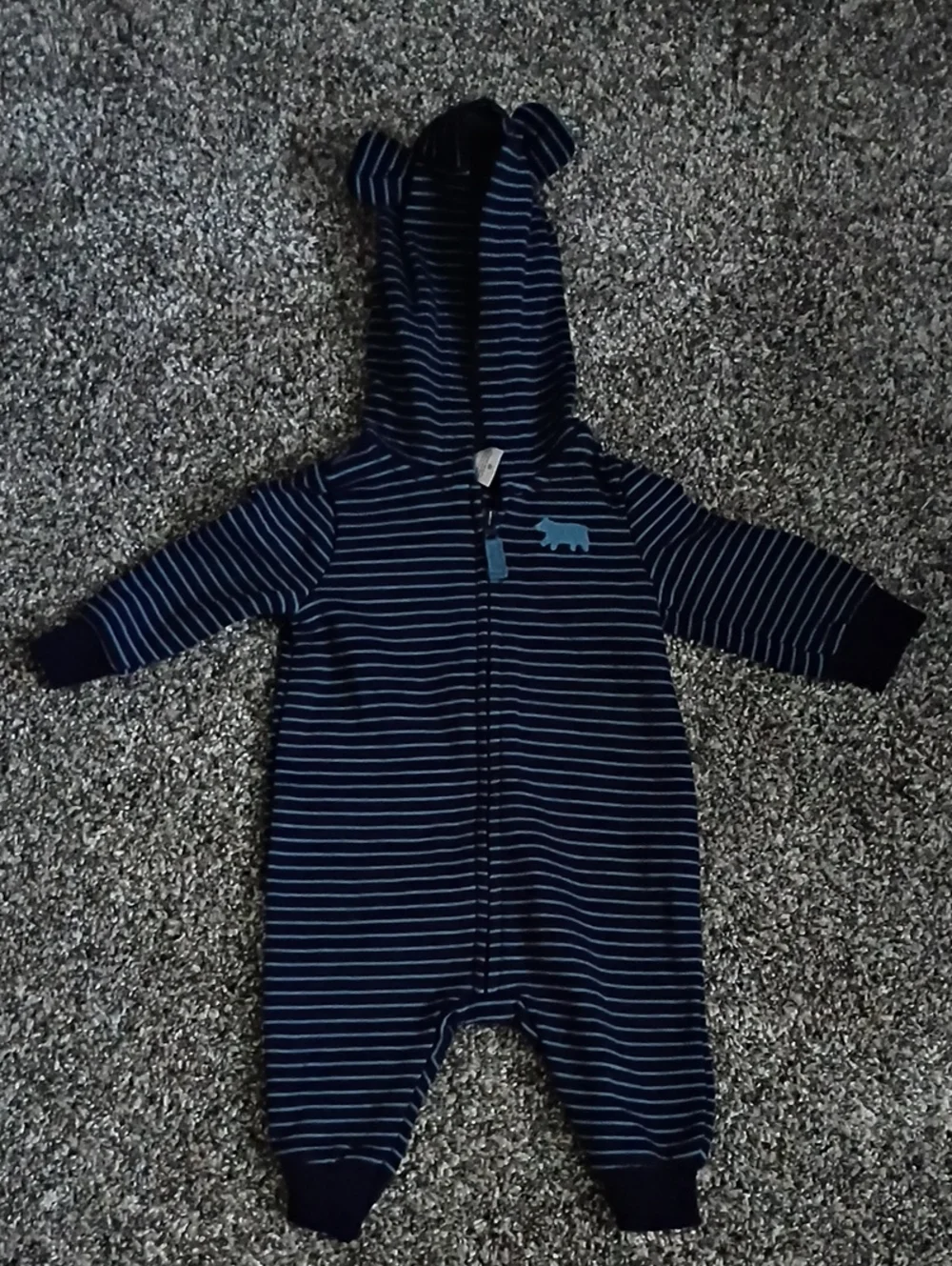 Carter's Navy and Light Blue Striped Hooded Footie with Bear Applique